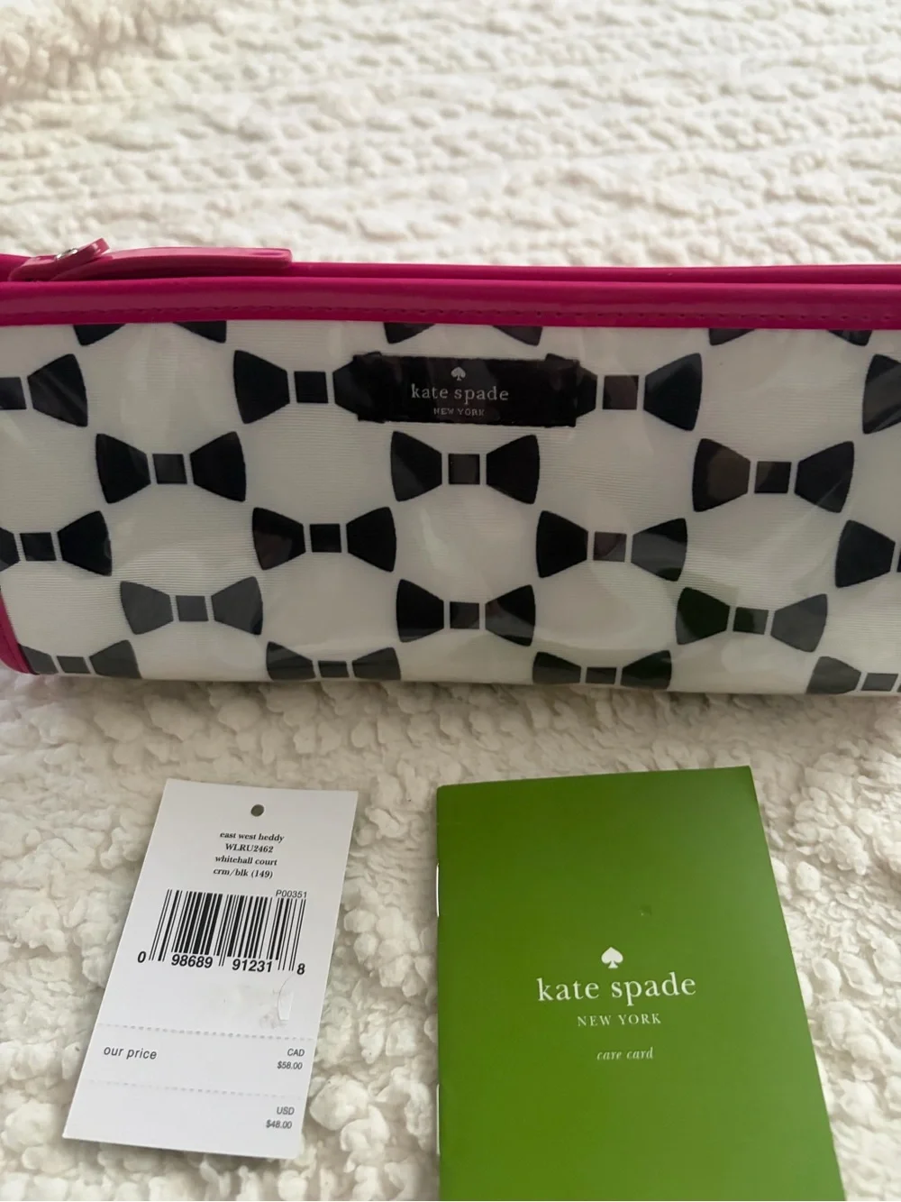 kate spade Black Bow Print Cosmetic Pouch with Hot Pink Trim